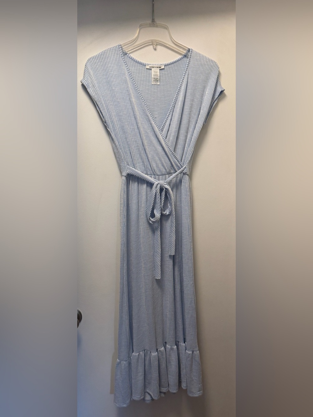 Caution To The Wind Blue White Striped Ribbed Wrap Maxi Dress Small Cottagecore